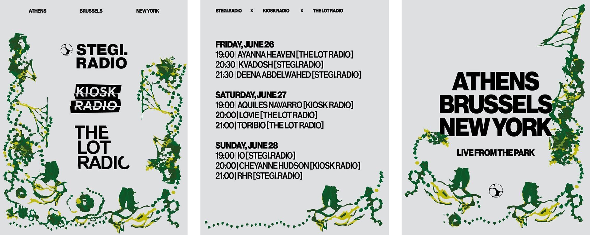 three flyers side by side announcing the weekend-long radio event, the line-up, and the cities involved. 